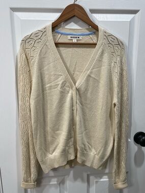 Boden Ivory Button Front Knit Cardigan Pointelle Long Sleeve M